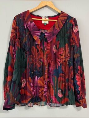NWOT FARM Rio Multicolor Tropical Print Pleated Long Sleeve Button Up Blouse